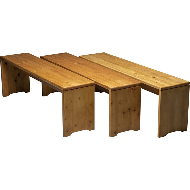 Vintage solid pine benches, selected by Charlotte Perriand for Les Arcs, France 1960