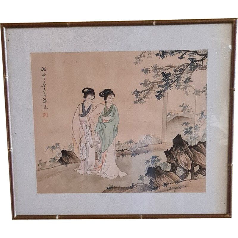 Vintage Chinese watercolor on silk depicting 2 Geishas, ​​1950