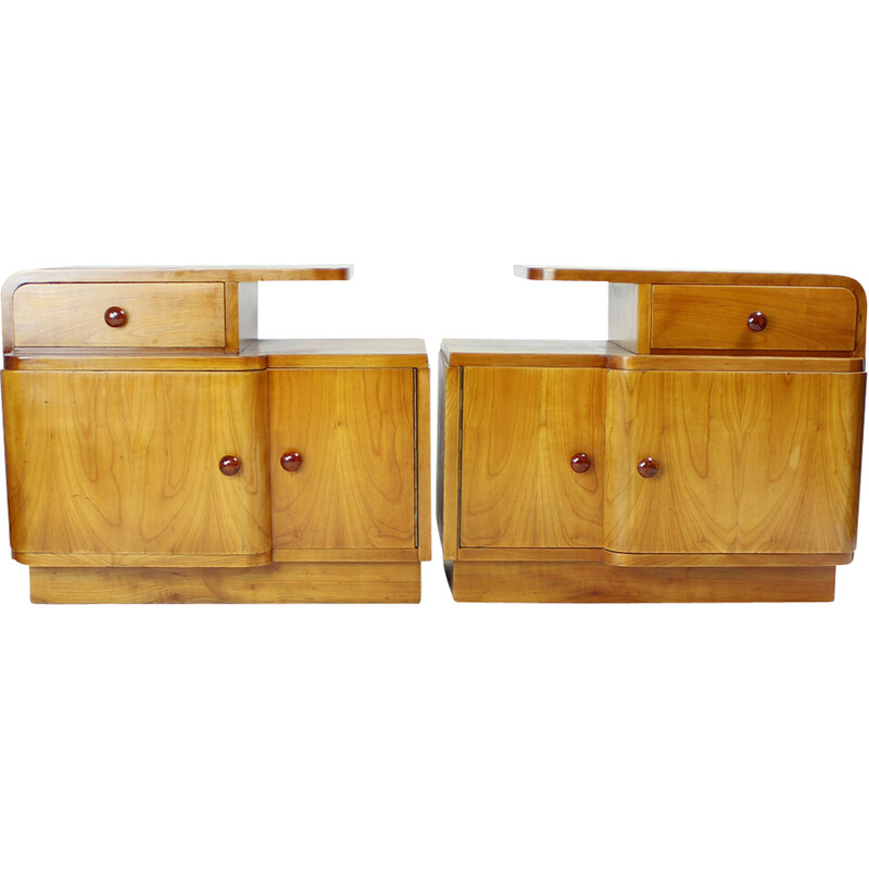 Pair of vintage Art Deco oak bedside tables, Czechoslovakia 1930