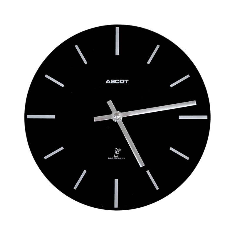 Vintage Ascot wall clock black glass dial for Krippl-Watches, Germany 1990