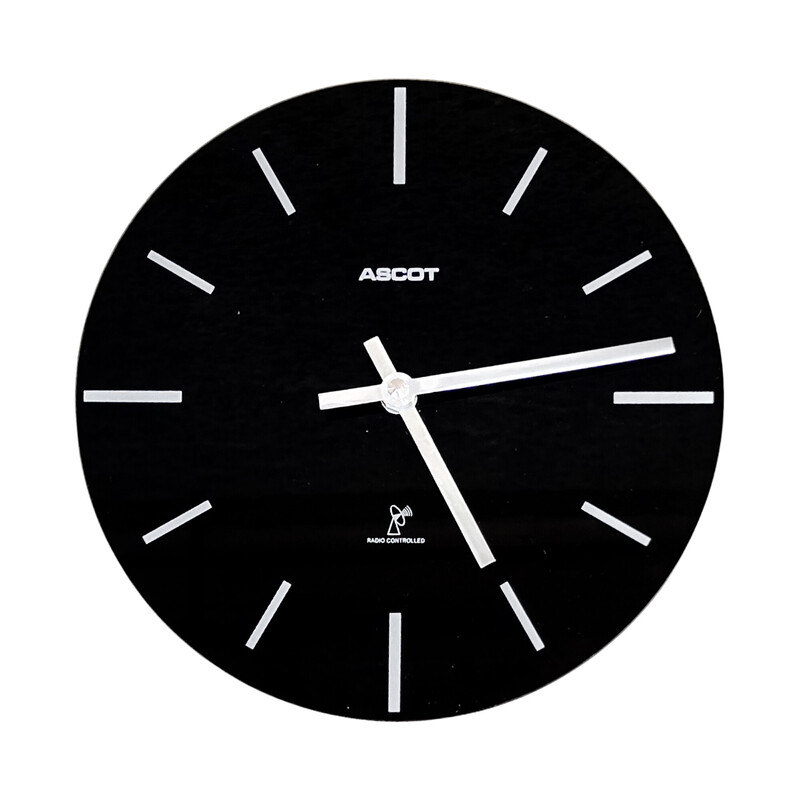 Vintage Ascot wandklok zwart glazen wijzerplaat voor Krippl-Watches, Duitsland 1990