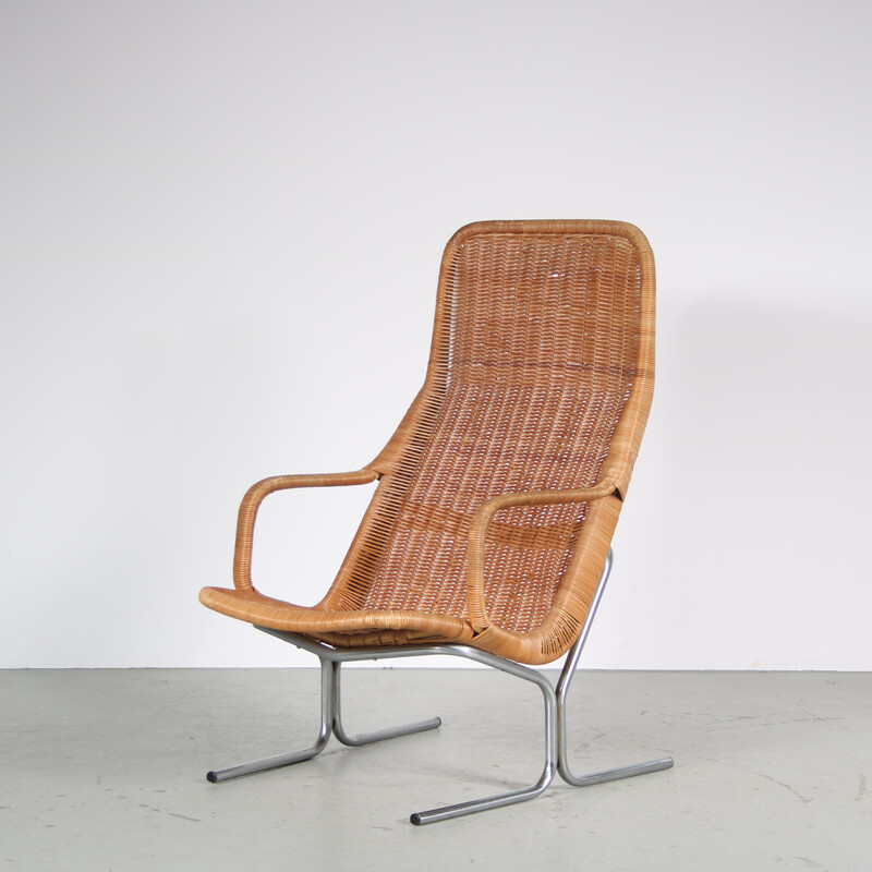 Vintage 514C wicker and grey metal armchair by Dirk van Sliedregt for Rohé, Netherlands 1970