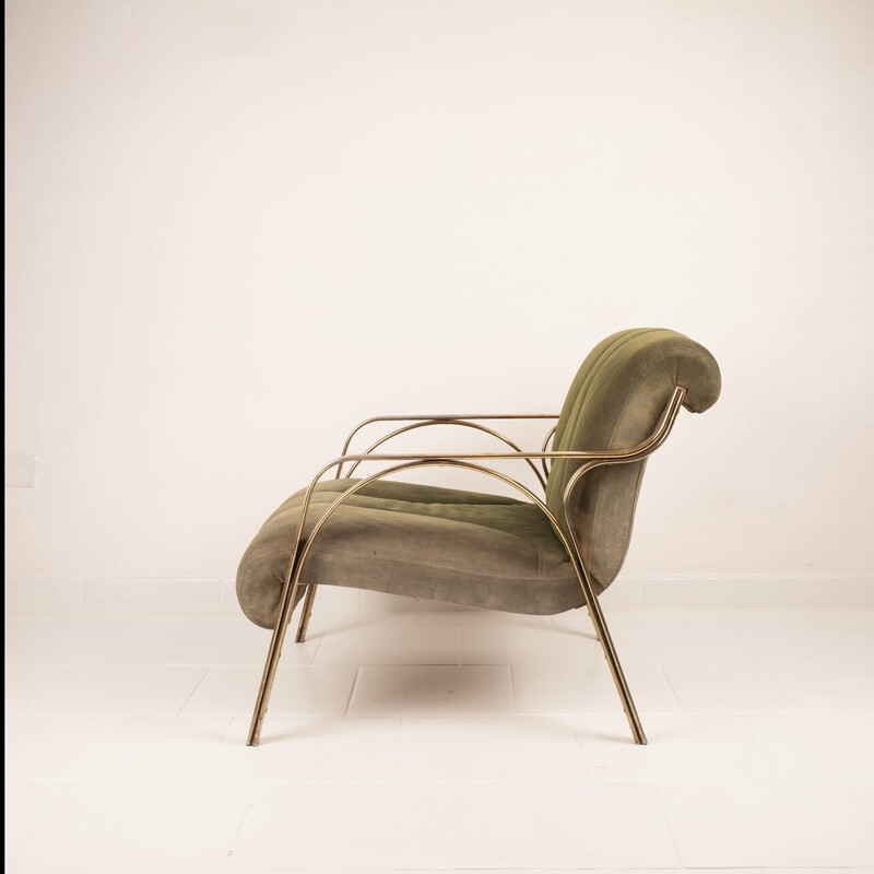 Vintage armchair in green suede and brass-plated steel by Vittorio Gregotti, Italy 1960
