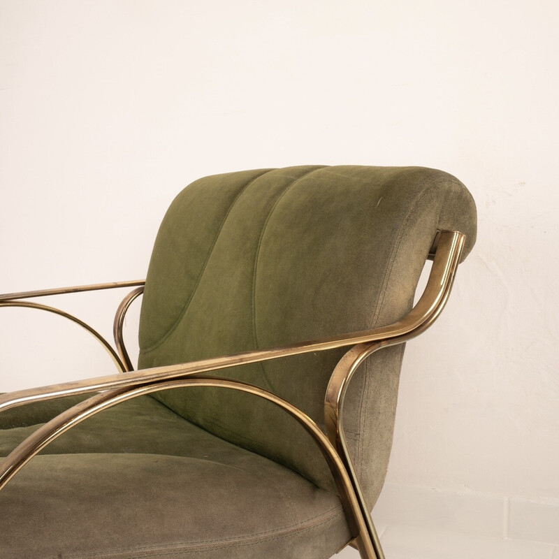 Fauteuil vintage en daim vert et acier plaqué laiton par Vittorio Gregotti, Italie 1960