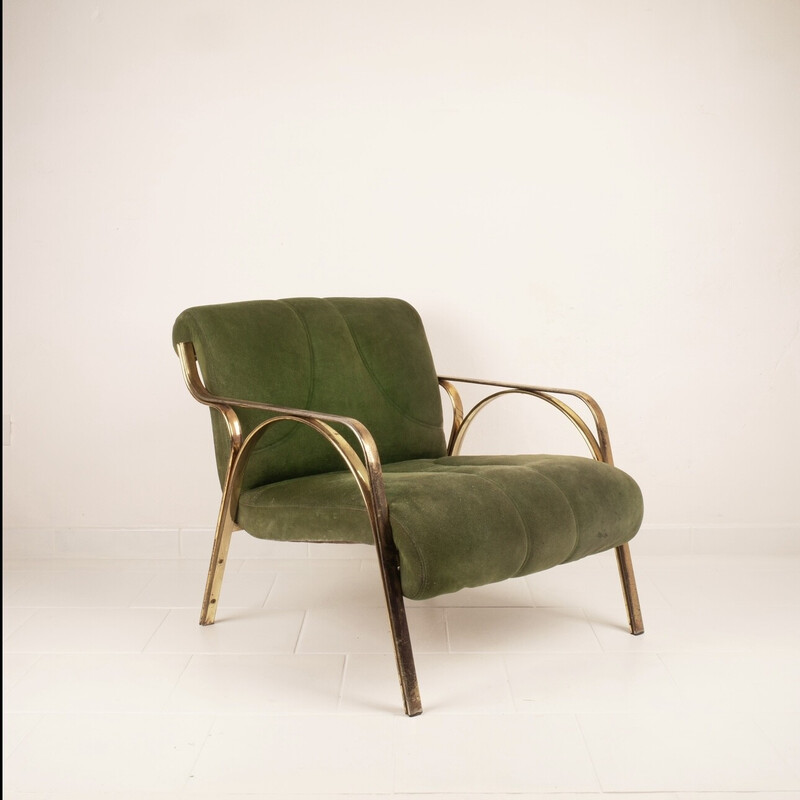 Fauteuil vintage en daim vert et acier plaqué laiton par Vittorio Gregotti, Italie 1960