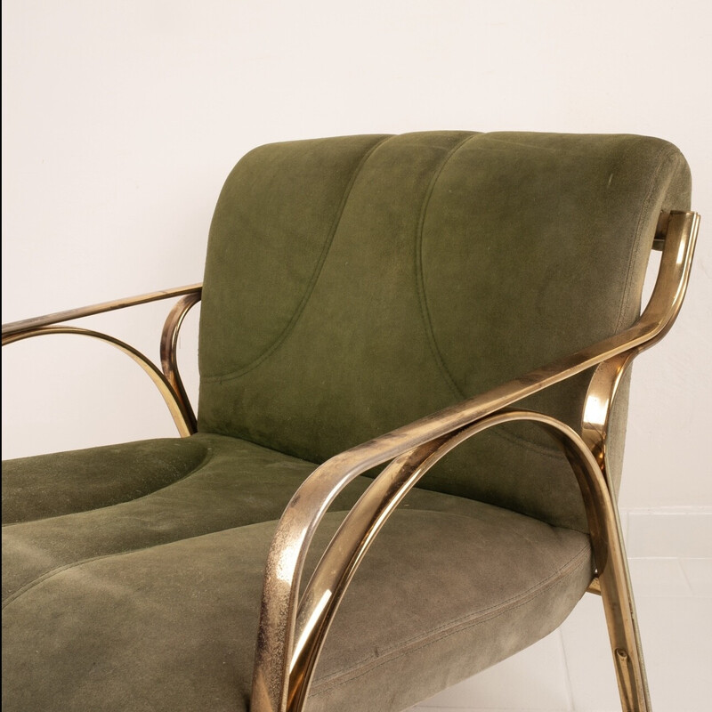 Fauteuil vintage en daim vert et acier plaqué laiton par Vittorio Gregotti, Italie 1960