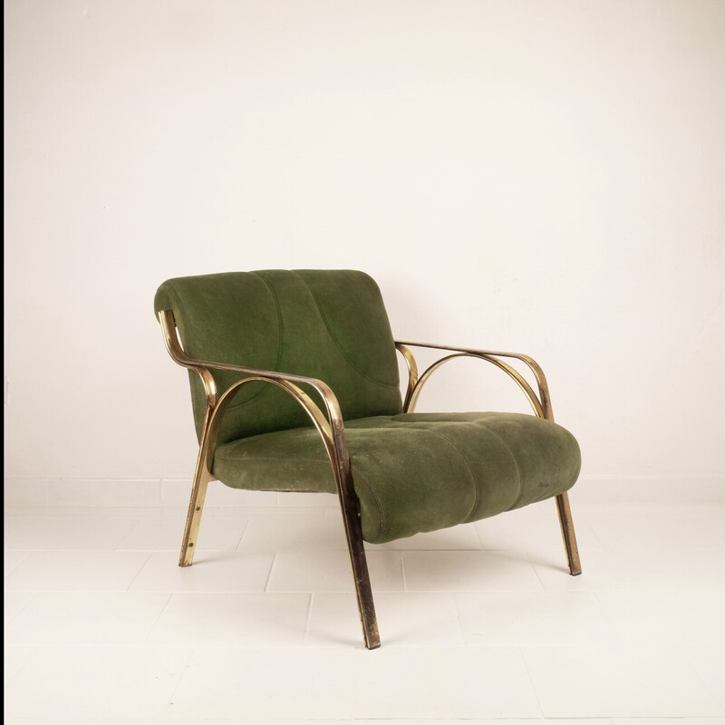 Vintage armchair in green suede and brass-plated steel by Vittorio Gregotti, Italy 1960