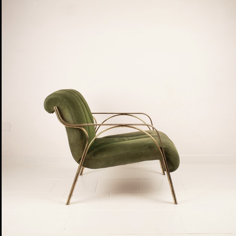 Fauteuil vintage en daim vert et acier plaqué laiton par Vittorio Gregotti, Italie 1960