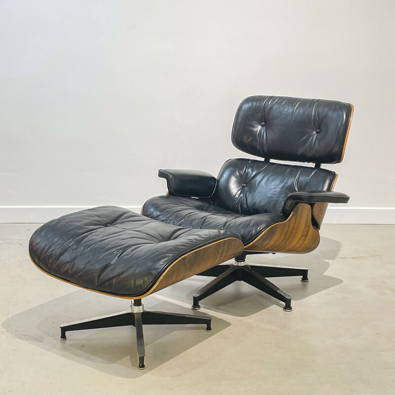 Vintage armchair with ottoman in Rio rosewood by Charles and Ray Eames, 1970