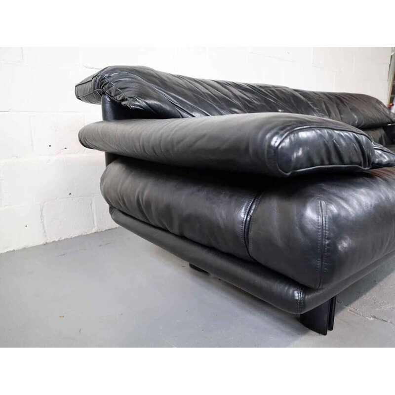 Pair of vintage 2-seater "Alanda" sofa in black leather by Paolo Piva for B and B, Italy 1980