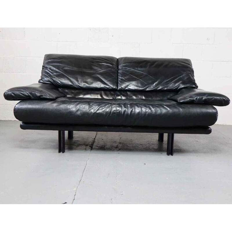 Pair of vintage 2-seater "Alanda" sofa in black leather by Paolo Piva for B and B, Italy 1980