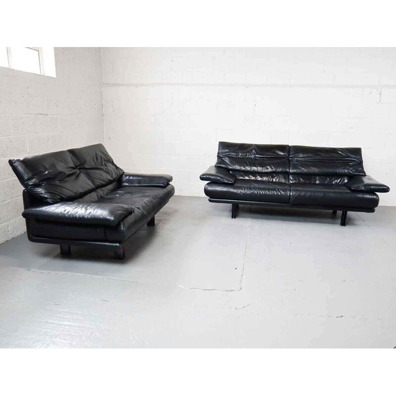 Pair of vintage 2-seater "Alanda" sofa in black leather by Paolo Piva for B and B, Italy 1980