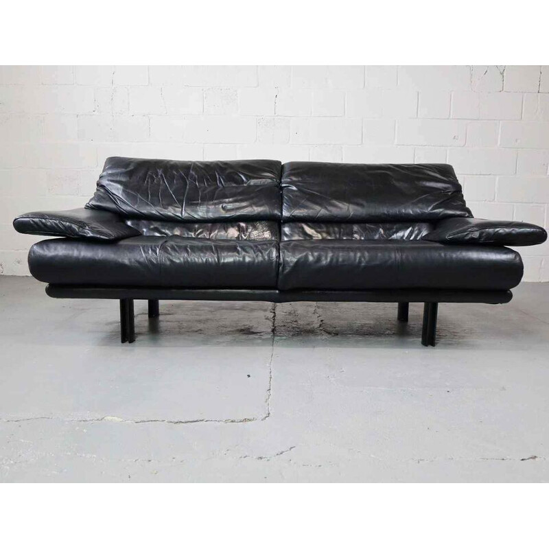 Pair of vintage 2-seater "Alanda" sofa in black leather by Paolo Piva for B and B, Italy 1980