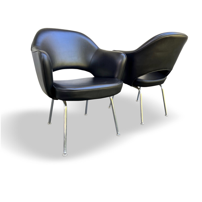 Pair of vintage "Conference" armchairs in black leatherette and chrome by Eero Saarinen for Knoll International