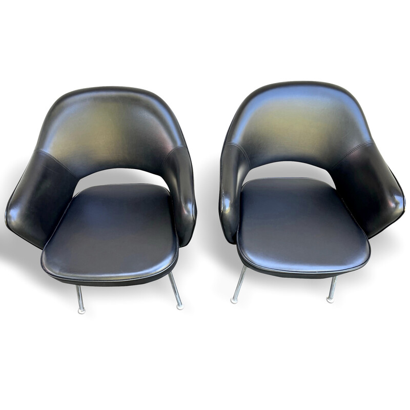 Pair of vintage "Conference" armchairs in black leatherette and chrome by Eero Saarinen for Knoll International
