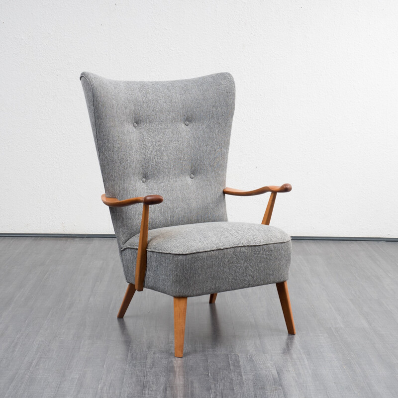 Grey wing armchair with sold walnut structure - 1950s