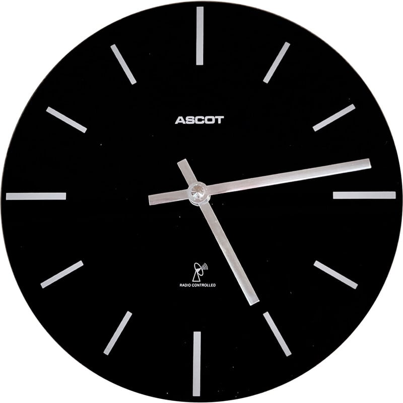 Vintage Ascot wall clock black glass dial for Krippl-Watches, Germany 1990