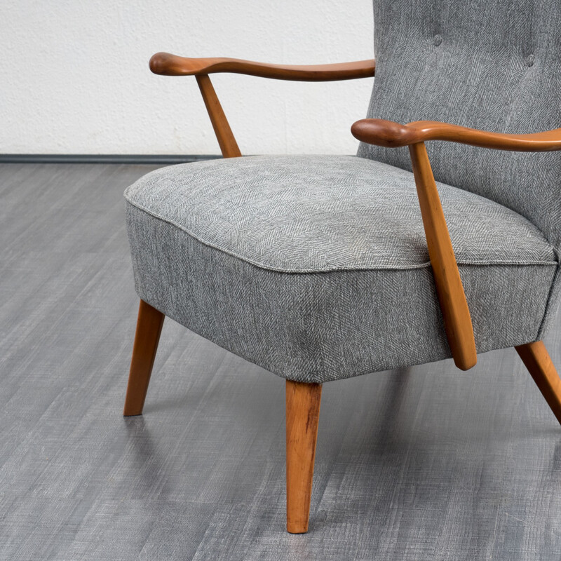 Grey wing armchair with sold walnut structure - 1950s