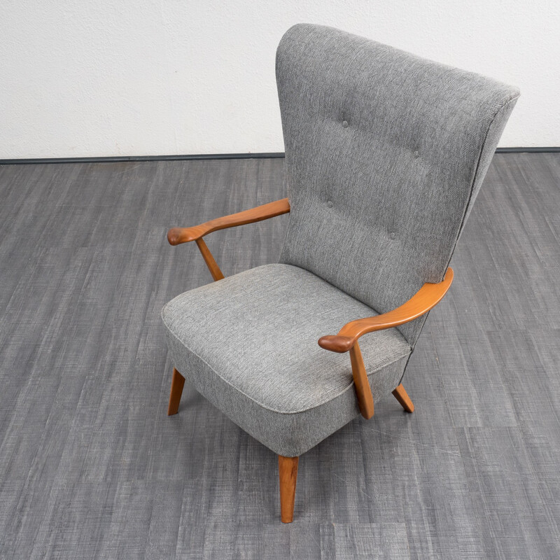 Grey wing armchair with sold walnut structure - 1950s