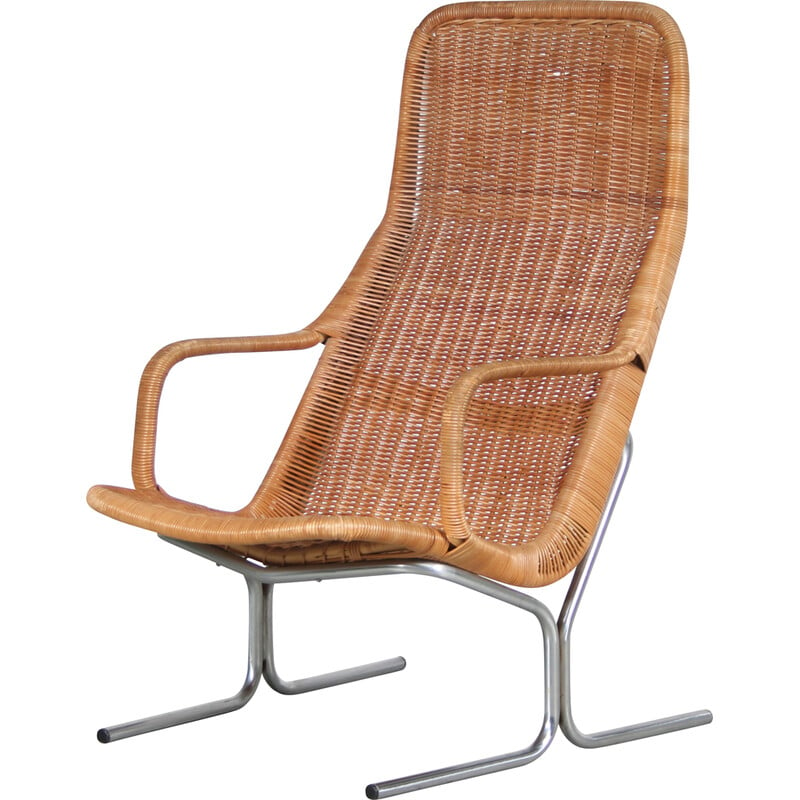 Vintage 514C wicker and grey metal armchair by Dirk van Sliedregt for Rohé, Netherlands 1970