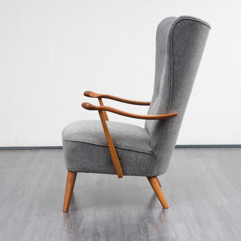 Grey wing armchair with sold walnut structure - 1950s