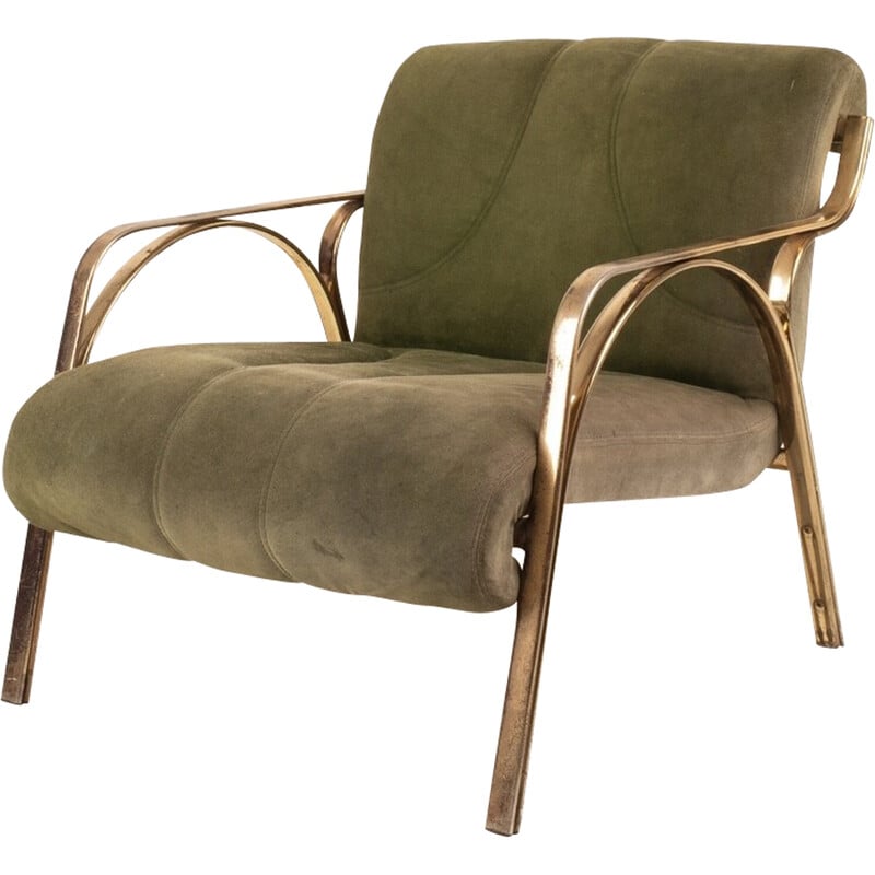 Fauteuil vintage en daim vert et acier plaqué laiton par Vittorio Gregotti, Italie 1960