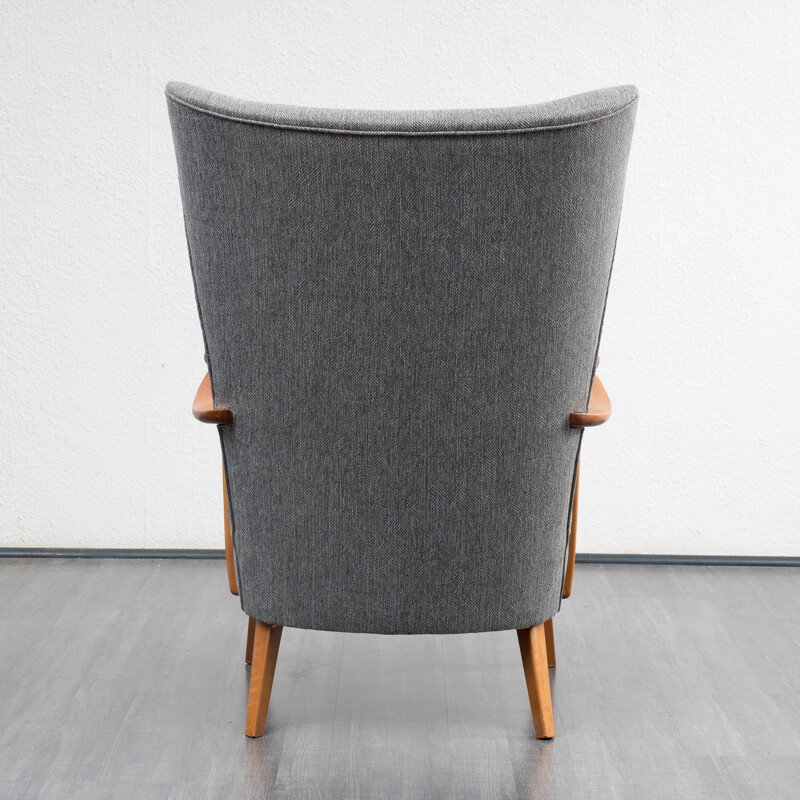 Grey wing armchair with sold walnut structure - 1950s