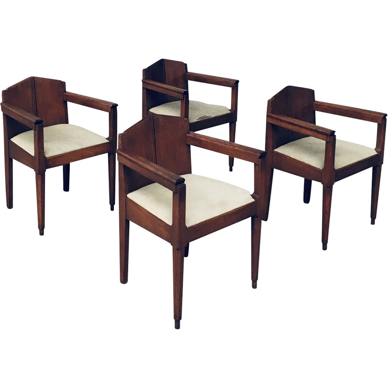 Set of 4 solid oak dining chairs, Netherlands 1910