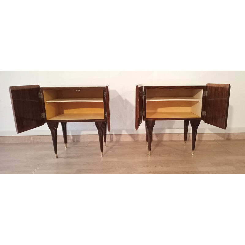 Pair of vintage Art Deco bedside tables in walnut and glass, Italy 1950