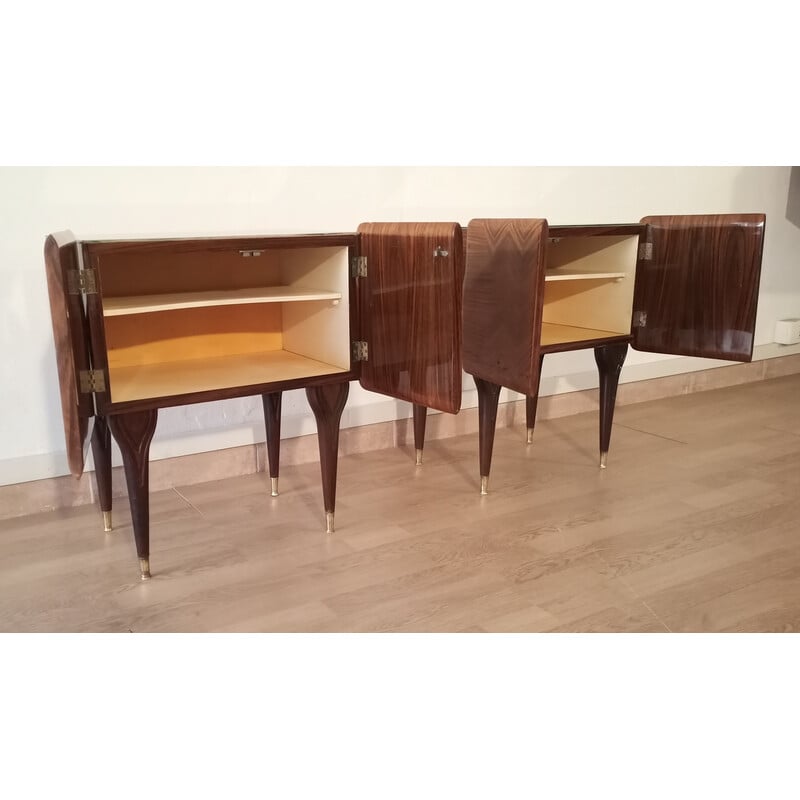 Pair of vintage Art Deco bedside tables in walnut and glass, Italy 1950