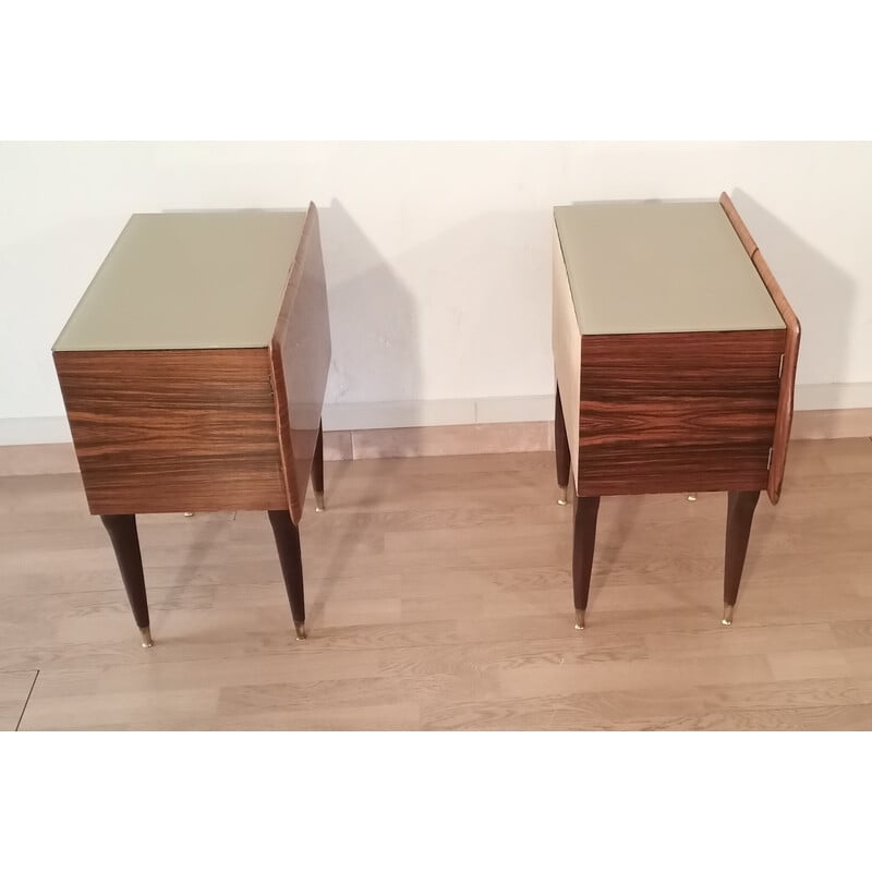 Pair of vintage Art Deco bedside tables in walnut and glass, Italy 1950