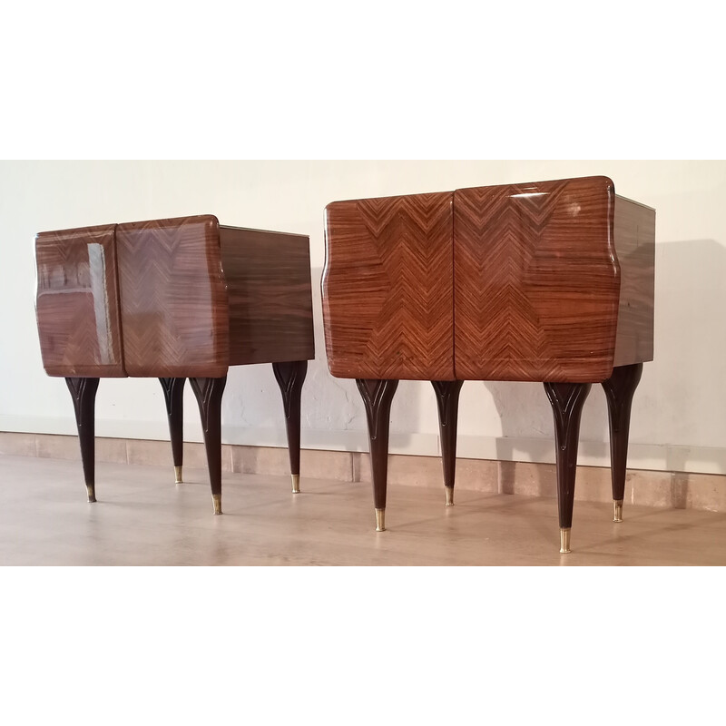 Pair of vintage Art Deco bedside tables in walnut and glass, Italy 1950