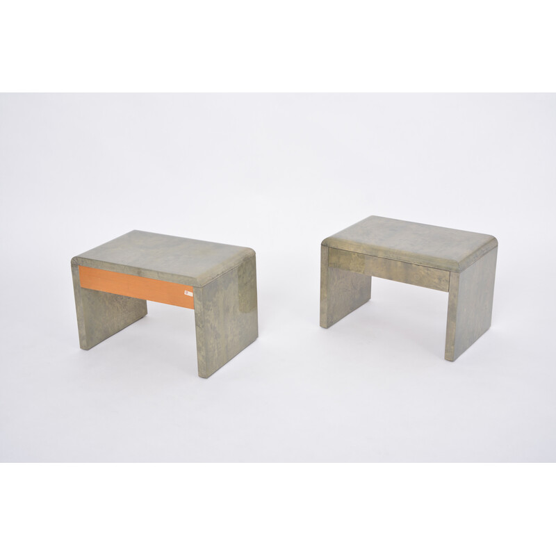 Pair of vintage bedside tables in lacquered goatskin and wood by Aldo Tura, Italy 1970