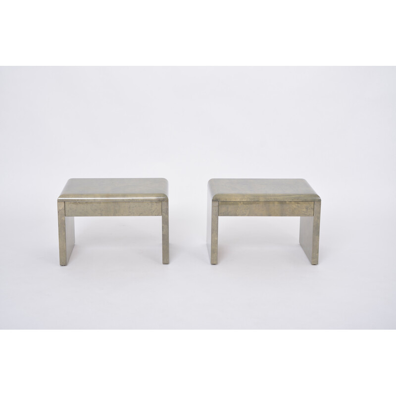 Pair of vintage bedside tables in lacquered goatskin and wood by Aldo Tura, Italy 1970