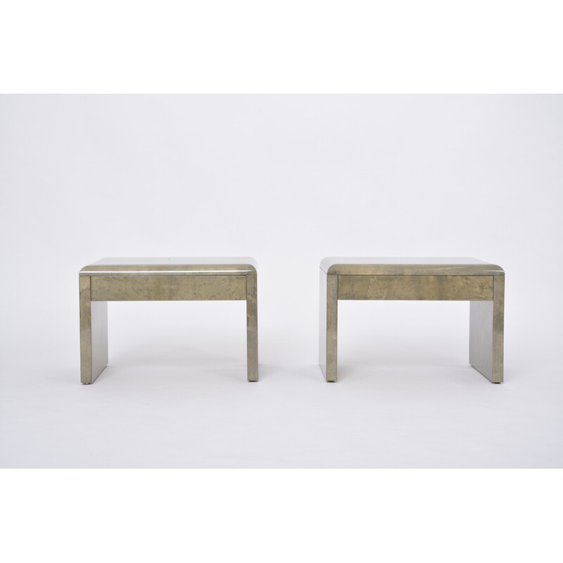 Pair of vintage bedside tables in lacquered goatskin and wood by Aldo Tura, Italy 1970