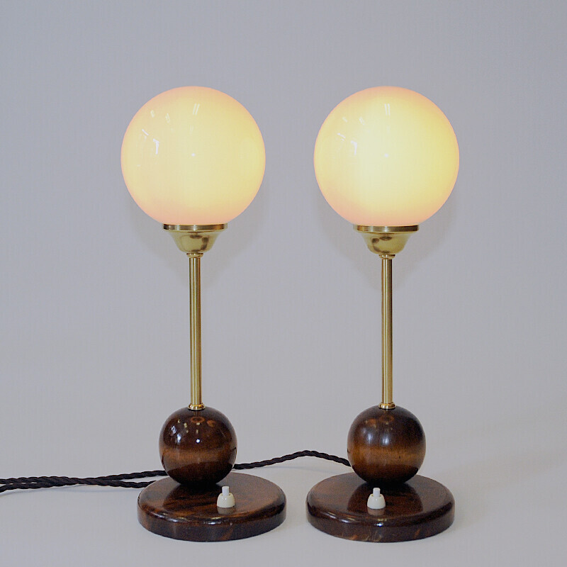 Pair of vintage Art Deco table lamps with opaline glass shades, 1930