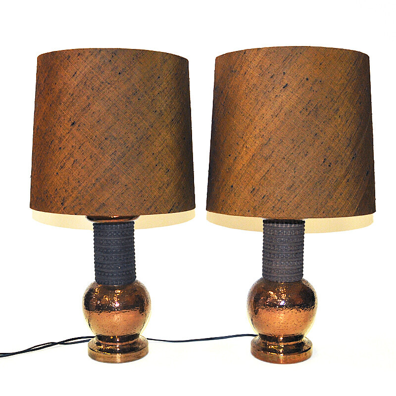 Pair of vintage ceramic and copper table lamps for Bergboms, Italy 1960