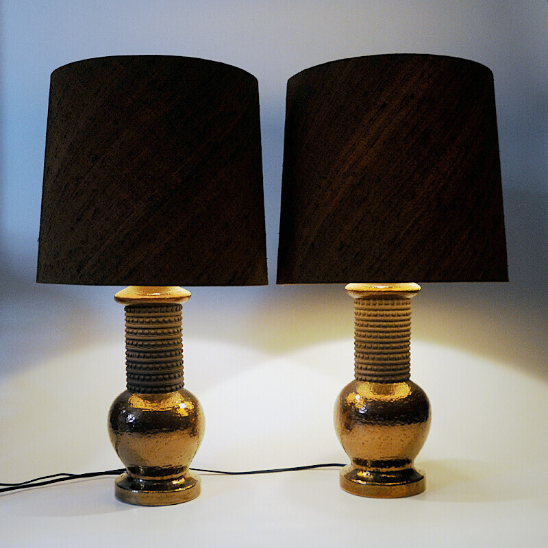 Pair of vintage ceramic and copper table lamps for Bergboms, Italy 1960