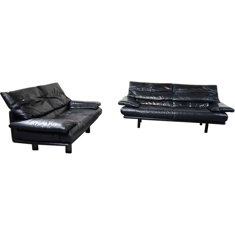 Pair of vintage 2-seater "Alanda" sofa in black leather by Paolo Piva for B and B, Italy 1980