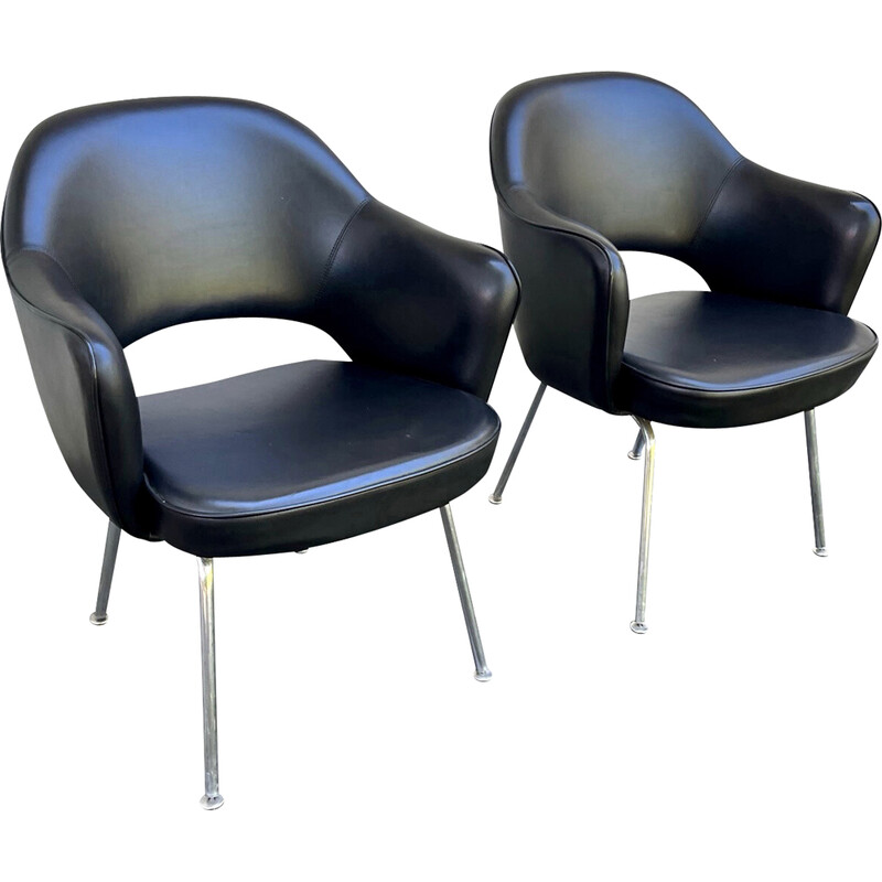 Pair of vintage "Conference" armchairs in black leatherette and chrome by Eero Saarinen for Knoll International