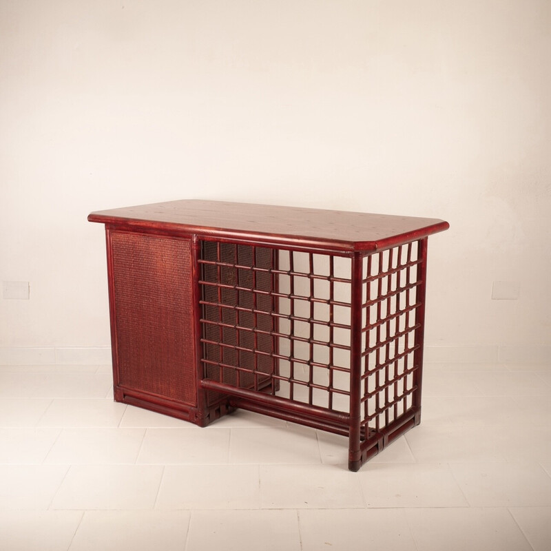 Vintage rattan and stressed leather desk by Italo Gasparucci, Italy 1970