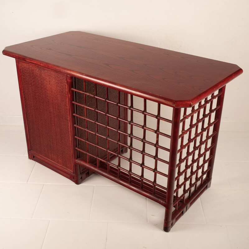 Vintage rattan and stressed leather desk by Italo Gasparucci, Italy 1970