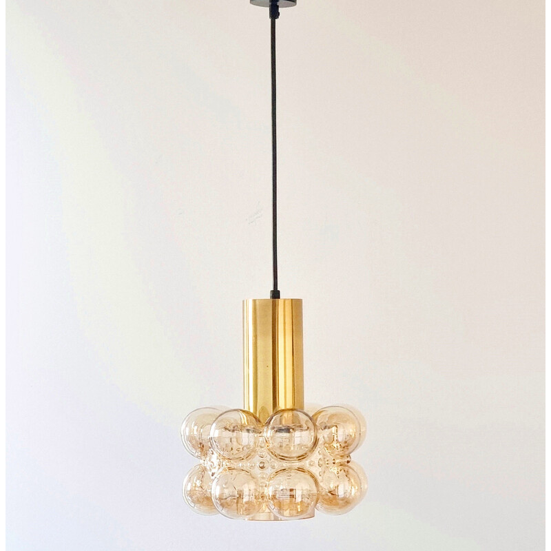 Vintage amber bubbled glass pendant lamp by Helena Tynell for Limburg, Germany 1960