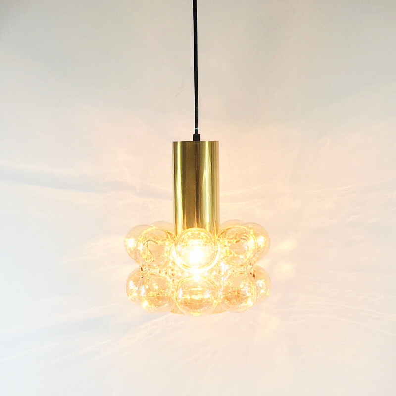 Vintage amber bubbled glass pendant lamp by Helena Tynell for Limburg, Germany 1960