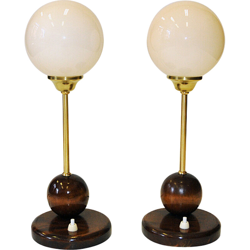 Pair of vintage Art Deco table lamps with opaline glass shades, 1930