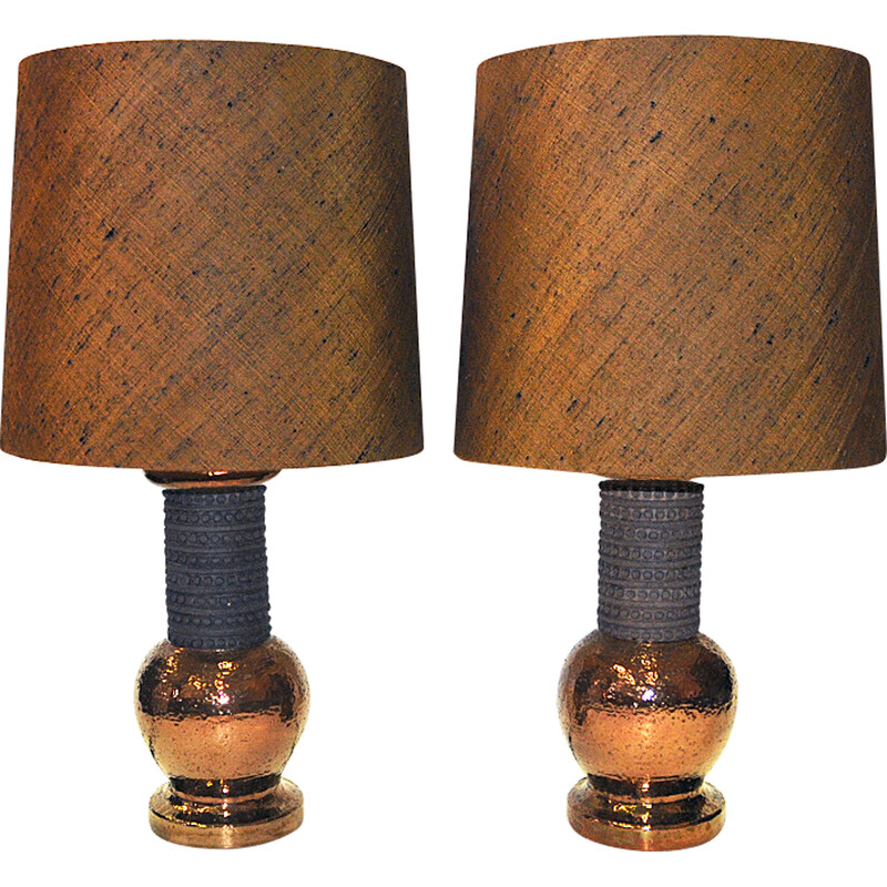 Pair of vintage ceramic and copper table lamps for Bergboms, Italy 1960