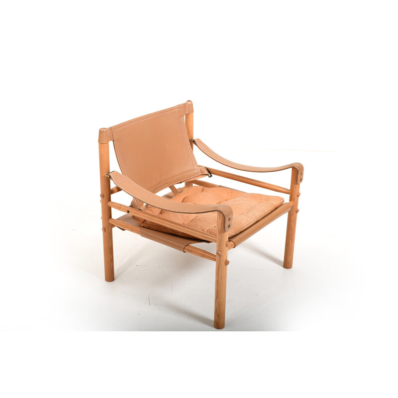 Vintage Sirocco armchair in ash wood and brown leather by Arne Norell, 1980