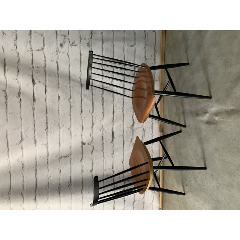 Pair of vintage teak plywood dining chairs by Ilmari Tapiovaara for Komnik