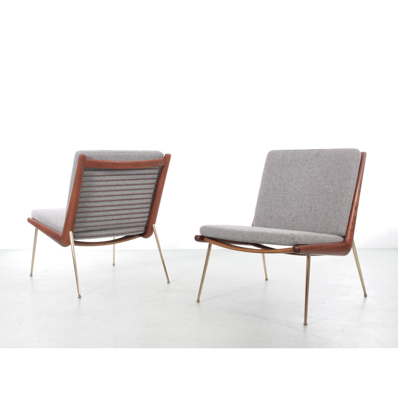 Pair of vintage "Boomerang" teak and brass armchairs by Peter Hvidt and Orla Molgaard Nielsen, Denmark