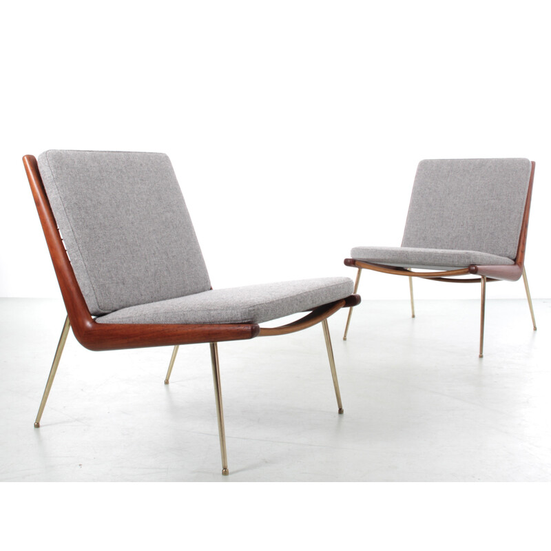 Pair of vintage "Boomerang" teak and brass armchairs by Peter Hvidt and Orla Molgaard Nielsen, Denmark